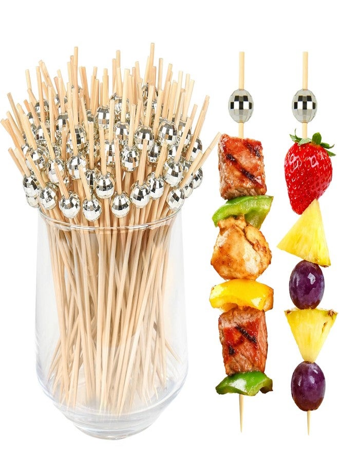 PEOUWNES ١٠٠ قطعة من أعواد الكوكتيل الفضية المزخرفة على شكل كرة ديسكو، مع علبة متينة، أعواد أسنان PEOUWNES بطول ٤.٧ بوصة للمقبلات، أسياخ خيزران فاخرة للمقبلات والمشروبات والفواكه، زينة حفلات الديسكو - Image 1